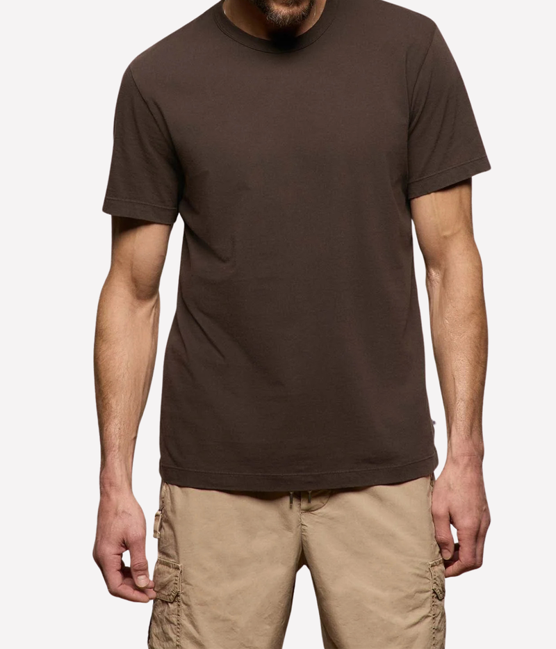 James Perse S/S Crew Neck in Bark Pigment – upper body view on model highlighting crew neckline, short sleeves, and soft matte cotton texture.