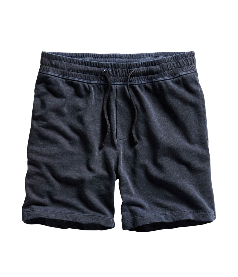 James Perse French Terry Sweat Short in Deep – flat lay product shot displaying elasticated waistband, drawcord, and lightweight cotton French terry fabric.