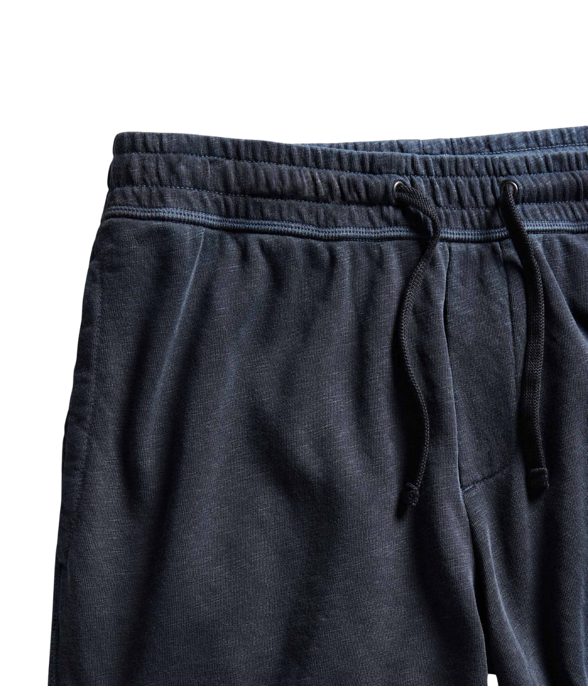 James Perse French Terry Sweat Short in Deep – close-up of elasticated drawstring waistband highlighting adjustable fit and soft garment-dyed finish.