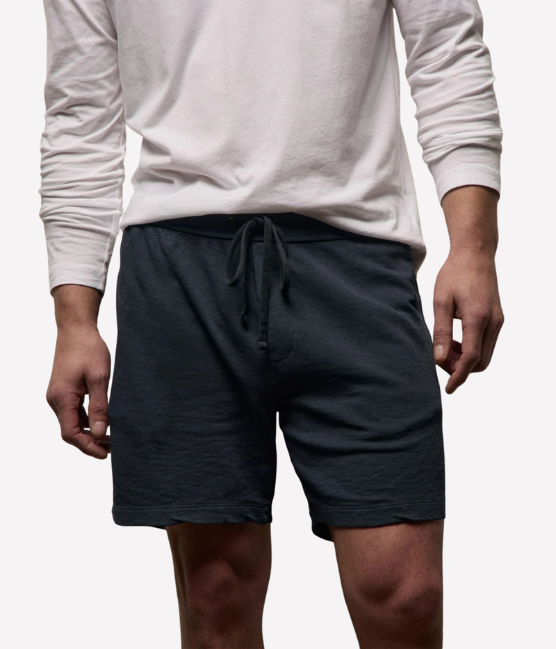 James Perse French Terry Sweat Short in Deep – lower half front view on model highlighting relaxed leg shape and soft cotton French terry fabric.