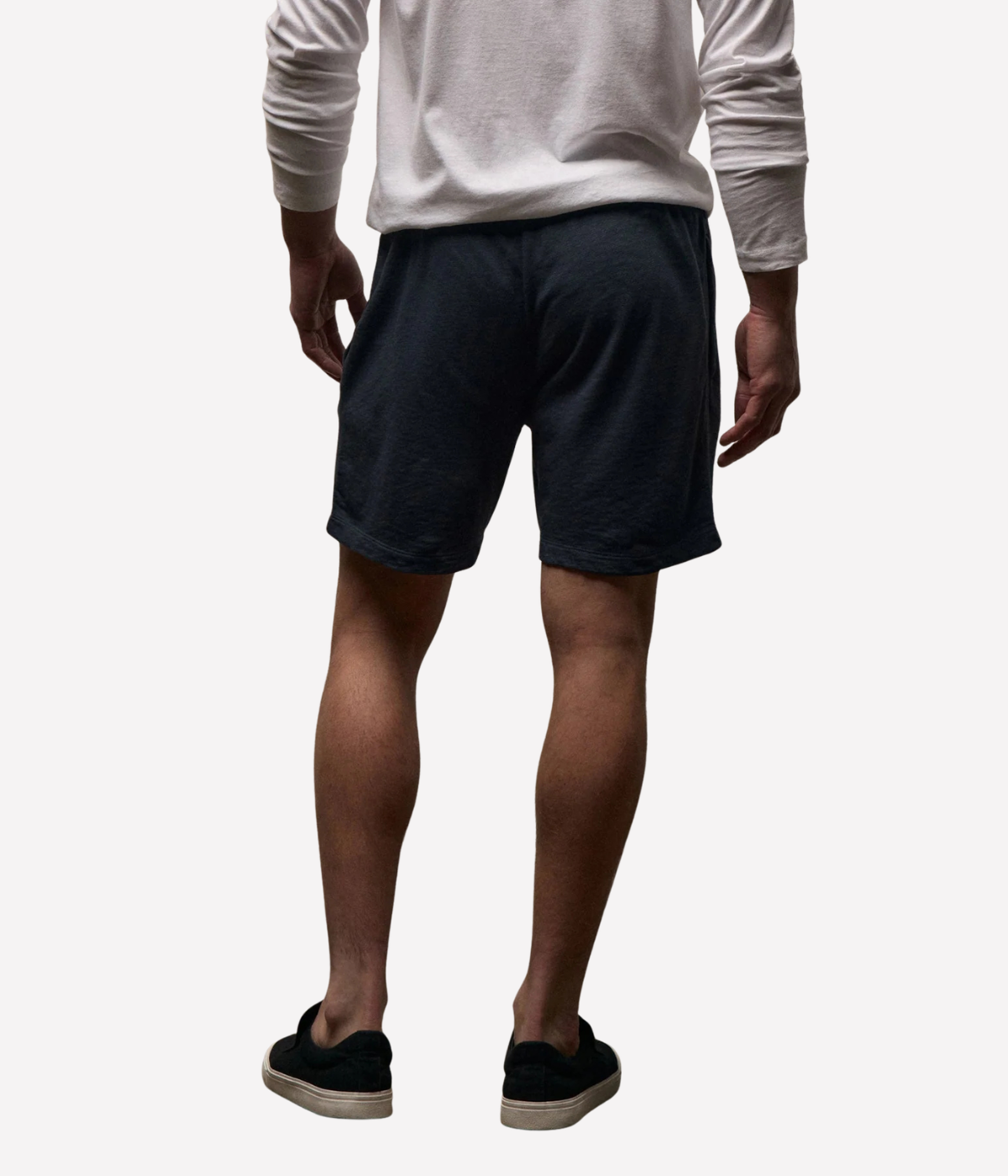 James Perse French Terry Sweat Short in Deep – lower half back view on model showcasing elastic waistband and clean rear finish.