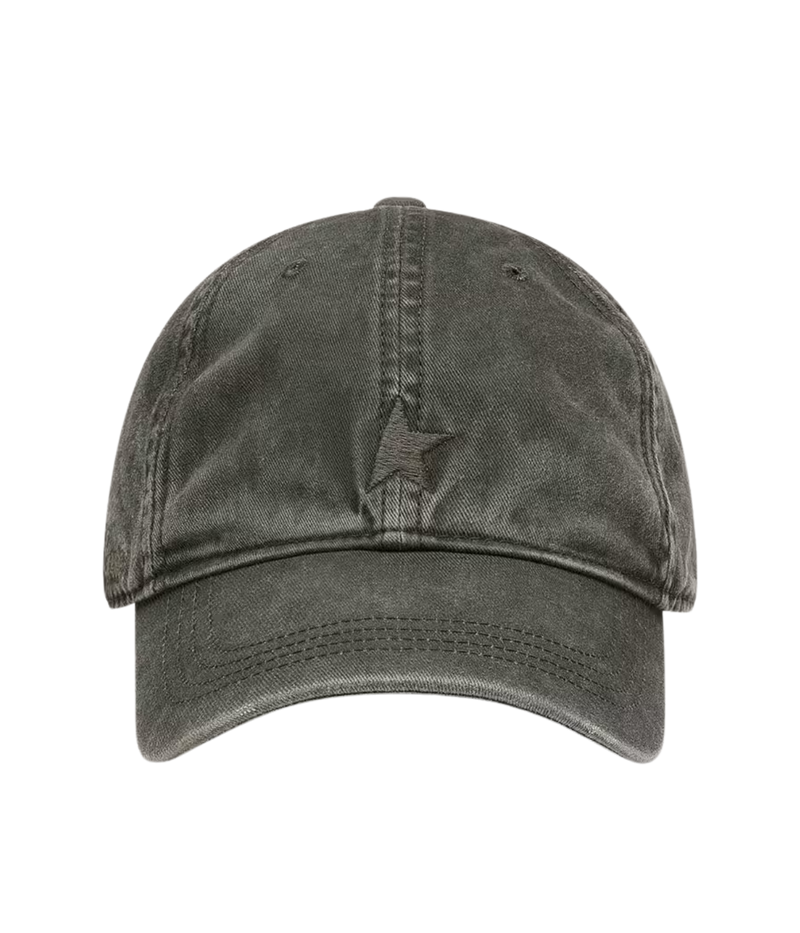Golden Goose Journey Baseball Cap with Embroidered Star in Dark Kalamata front view featuring a tonal embroidered star and washed cotton construction.