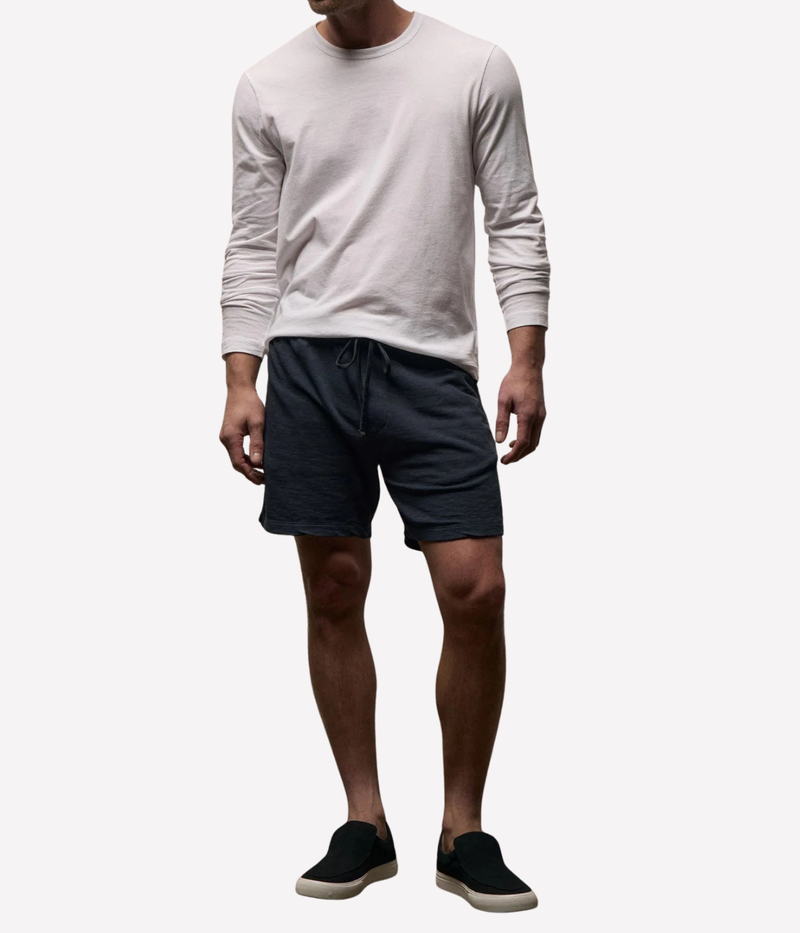 James Perse French Terry Sweat Short in Deep – full-length front view on model showcasing relaxed fit, elasticated drawstring waist, and lightweight cotton French terry.