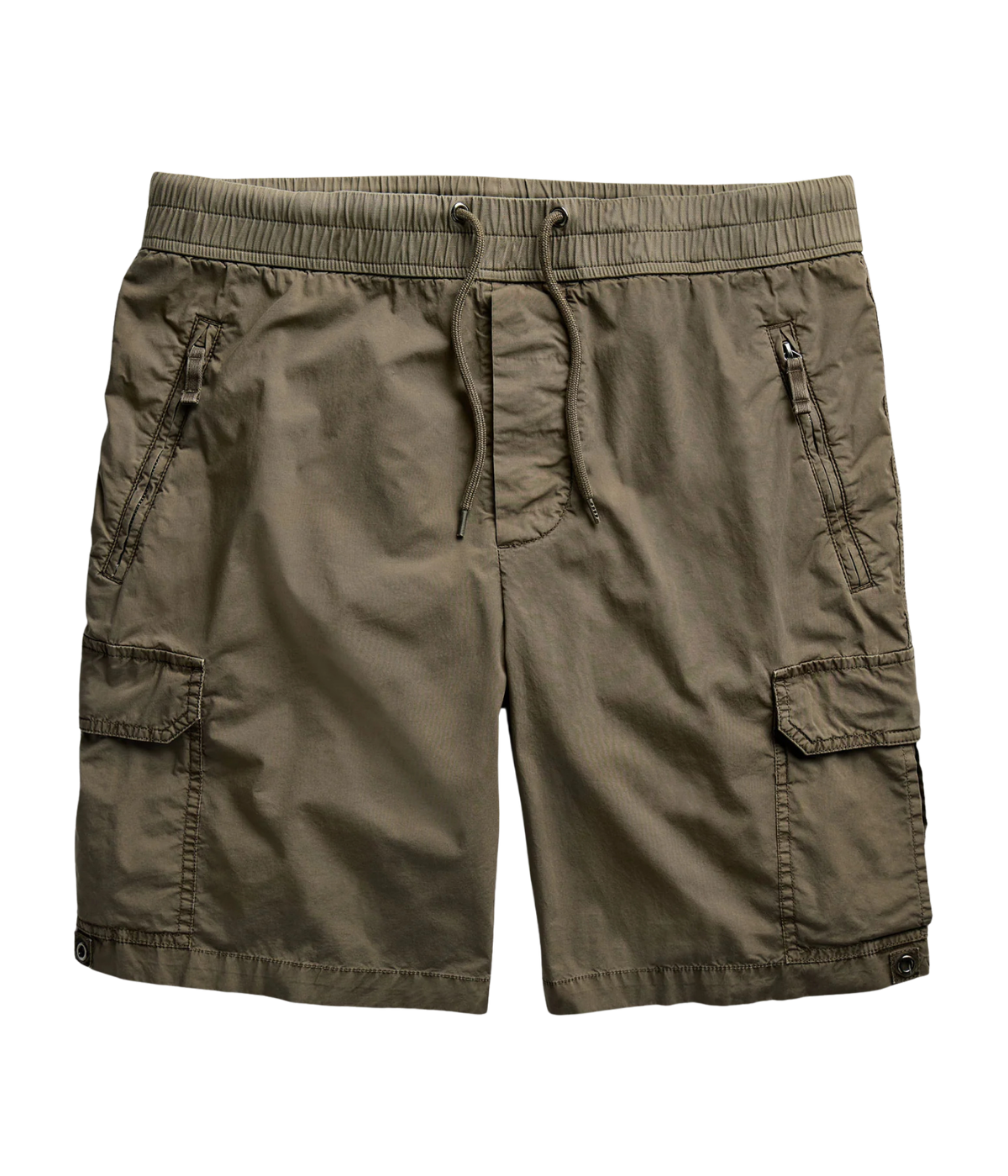 James Perse Supima Poplin Cargo Shirt in Light Olive Pigment – flat lay product shot displaying button front design, lightweight Supima poplin fabric, and relaxed silhouette.