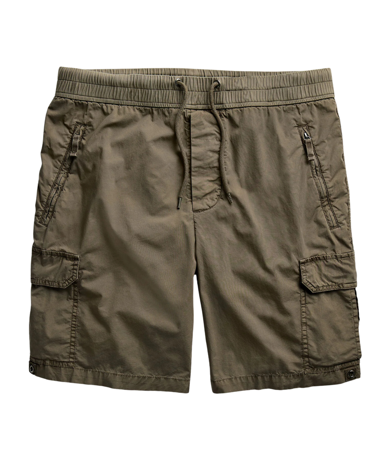 James Perse Supima Poplin Cargo Shirt in Light Olive Pigment – flat lay product shot displaying button front design, lightweight Supima poplin fabric, and relaxed silhouette.