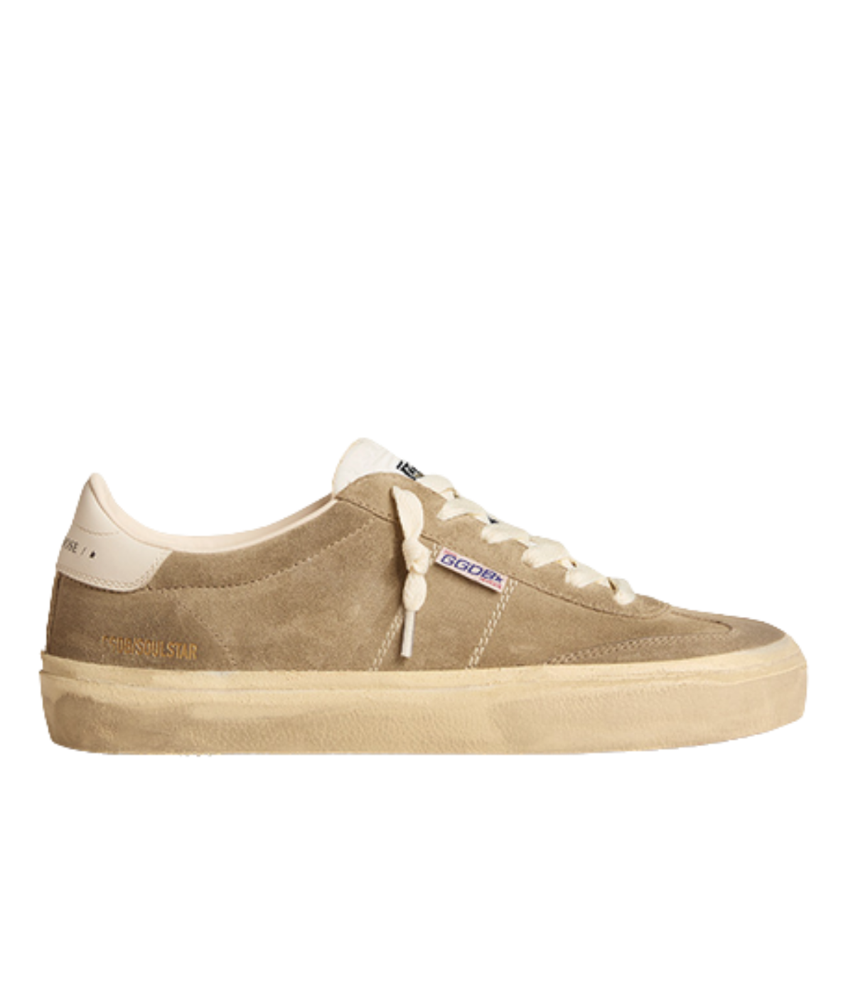 Golden Goose Soul Star low-top sneakers in taupe with a suede upper, leather heel tab and vintage-inspired rubber sole, side profile.