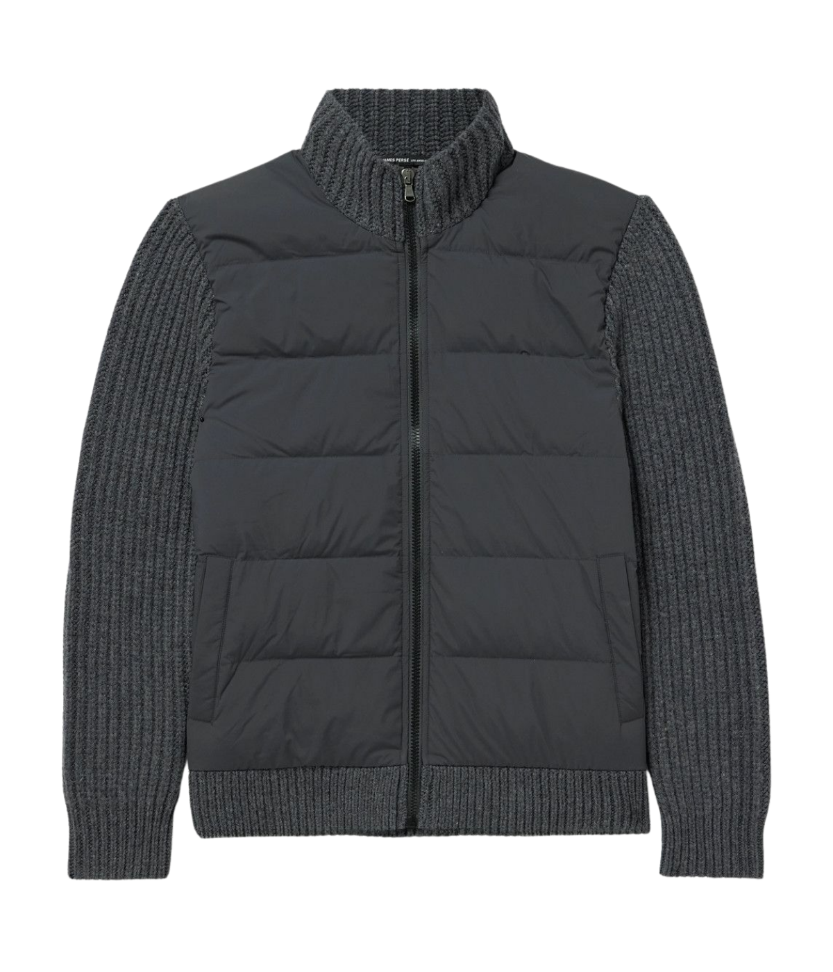 Dark gray puffer jacket with ribbed knit collar and cuffs on a white background