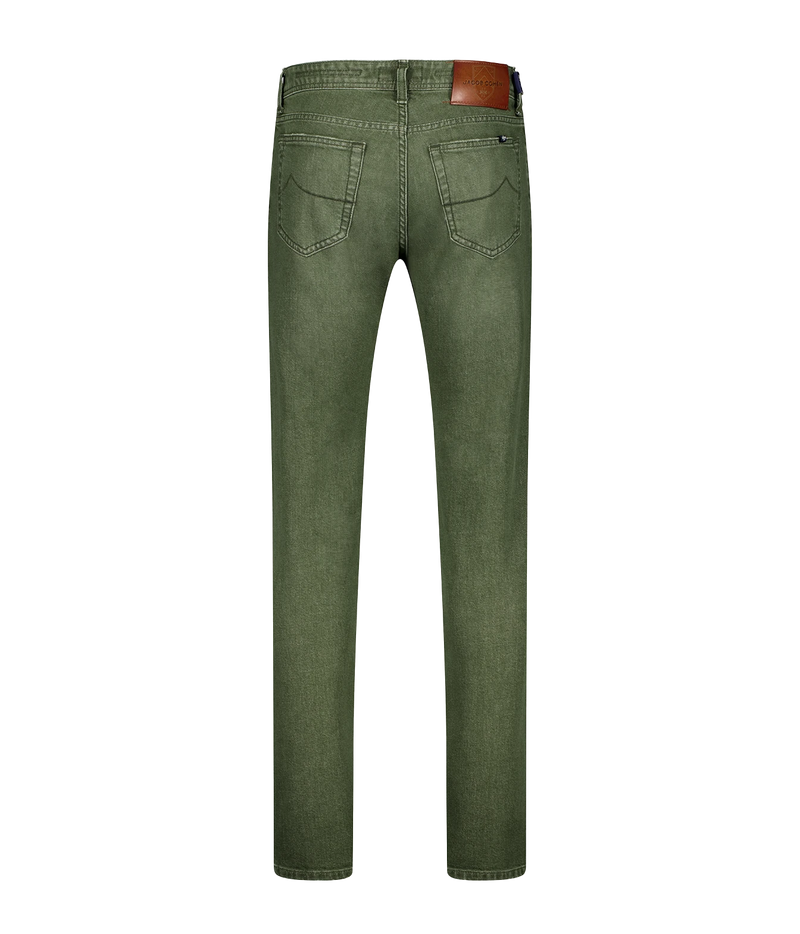 Back view of a pair of slim-fit jeans in olive green, featuring a brown leather patch on the back waistband, set against a plain white background.