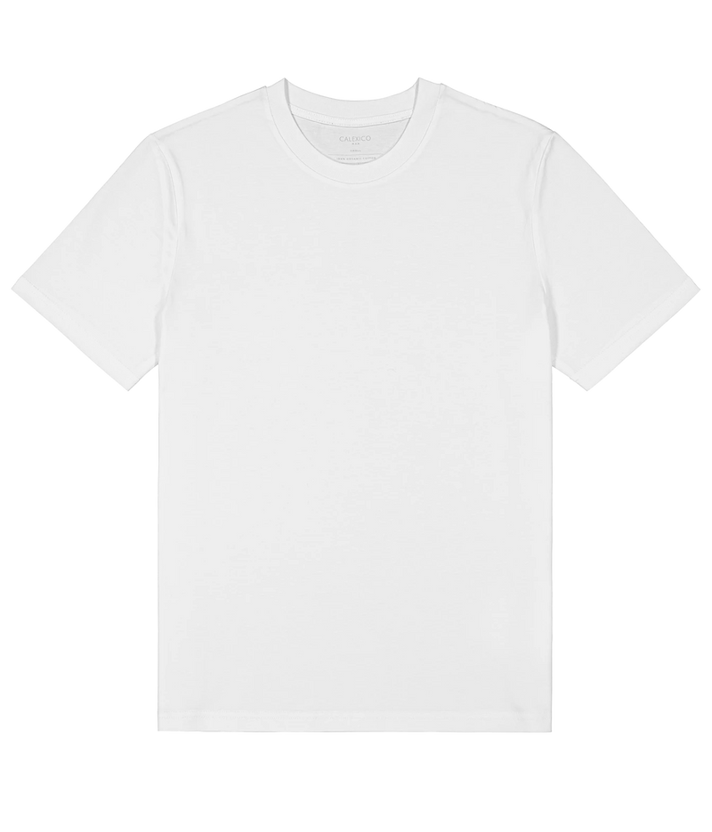 A plain white short-sleeve crewneck t-shirt laid flat against a white background.