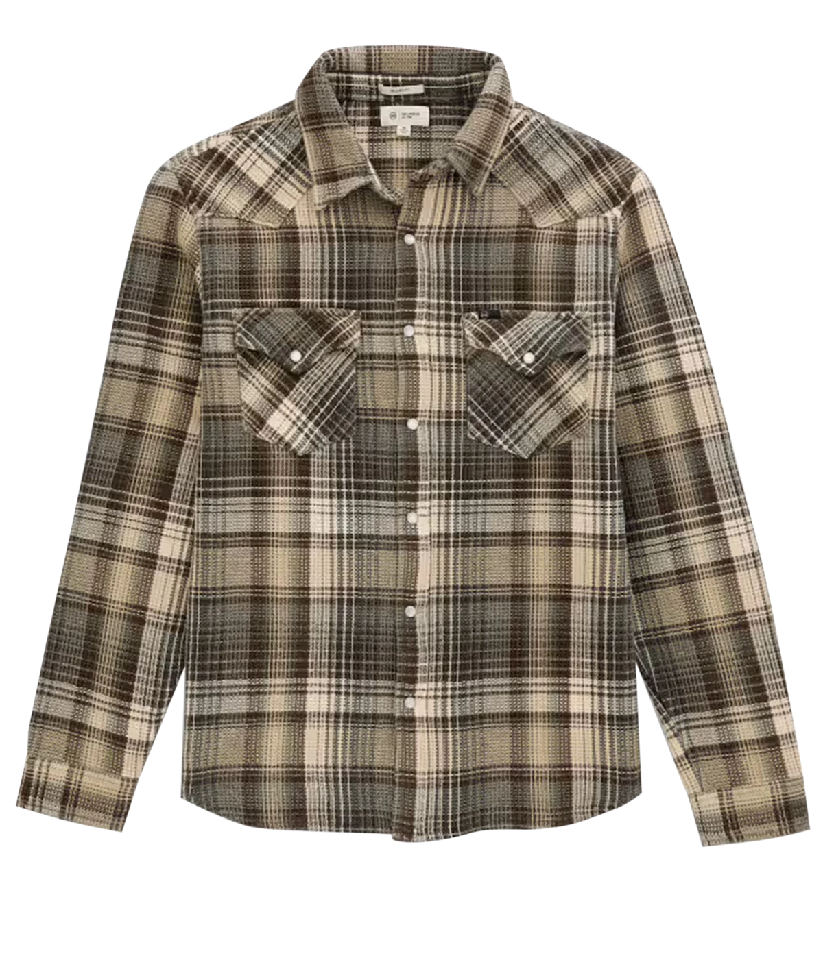 A long-sleeve western-style plaid shirt in beige, brown, and black, featuring two buttoned chest pockets and a pointed collar, shown against a plain white background.