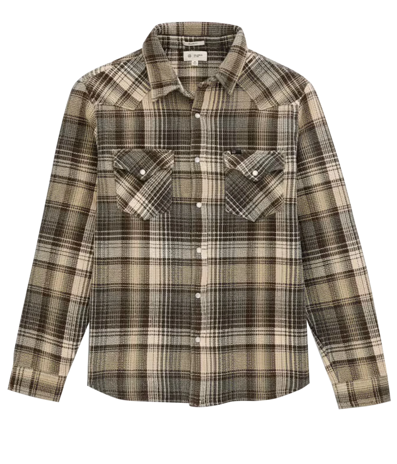A long-sleeve western-style plaid shirt in beige, brown, and black, featuring two buttoned chest pockets and a pointed collar, shown against a plain white background.