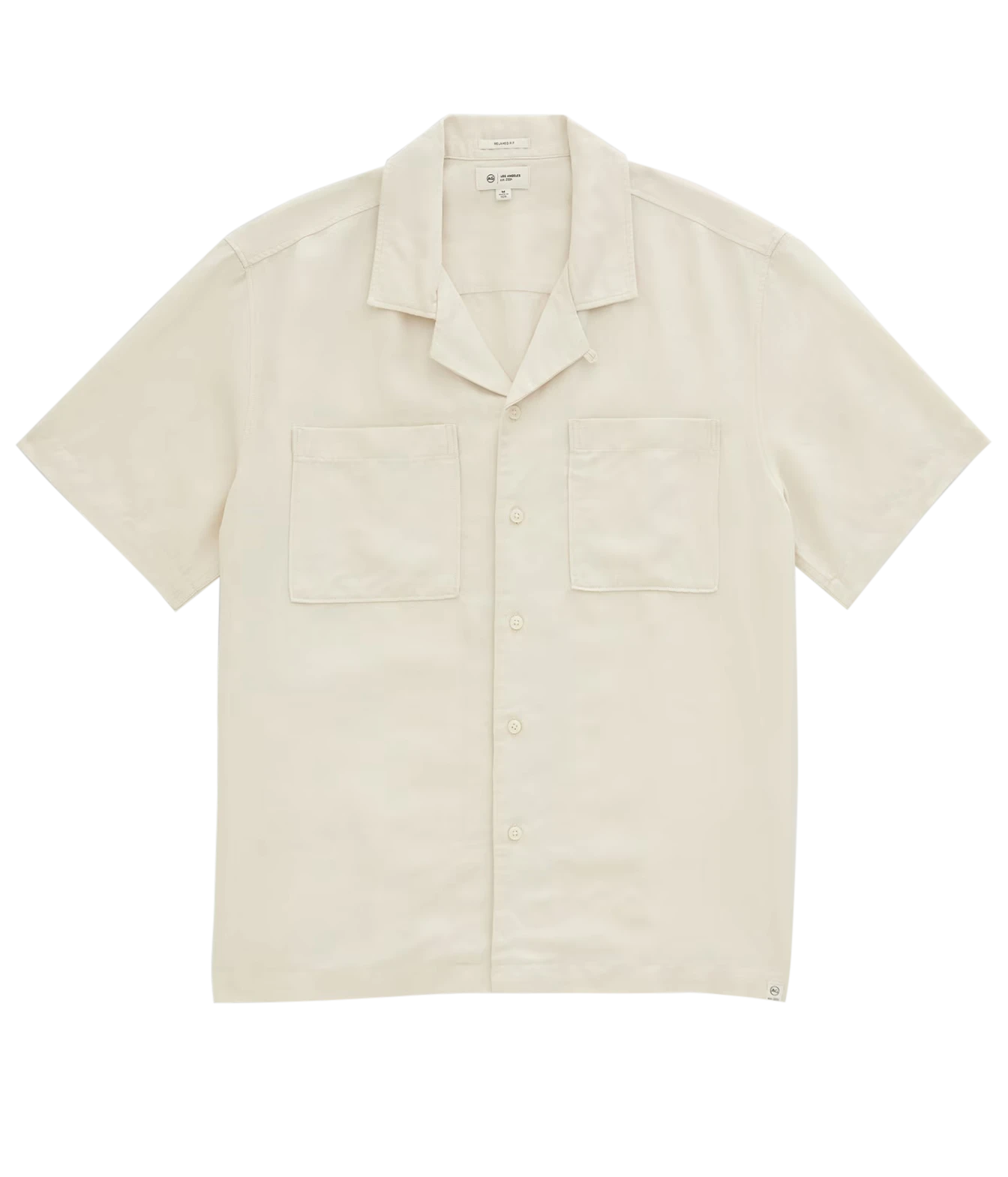 A short-sleeve camp collar button-up shirt in cream-colored cotton, featuring two chest pockets and a button-down front, laid flat against a white background.