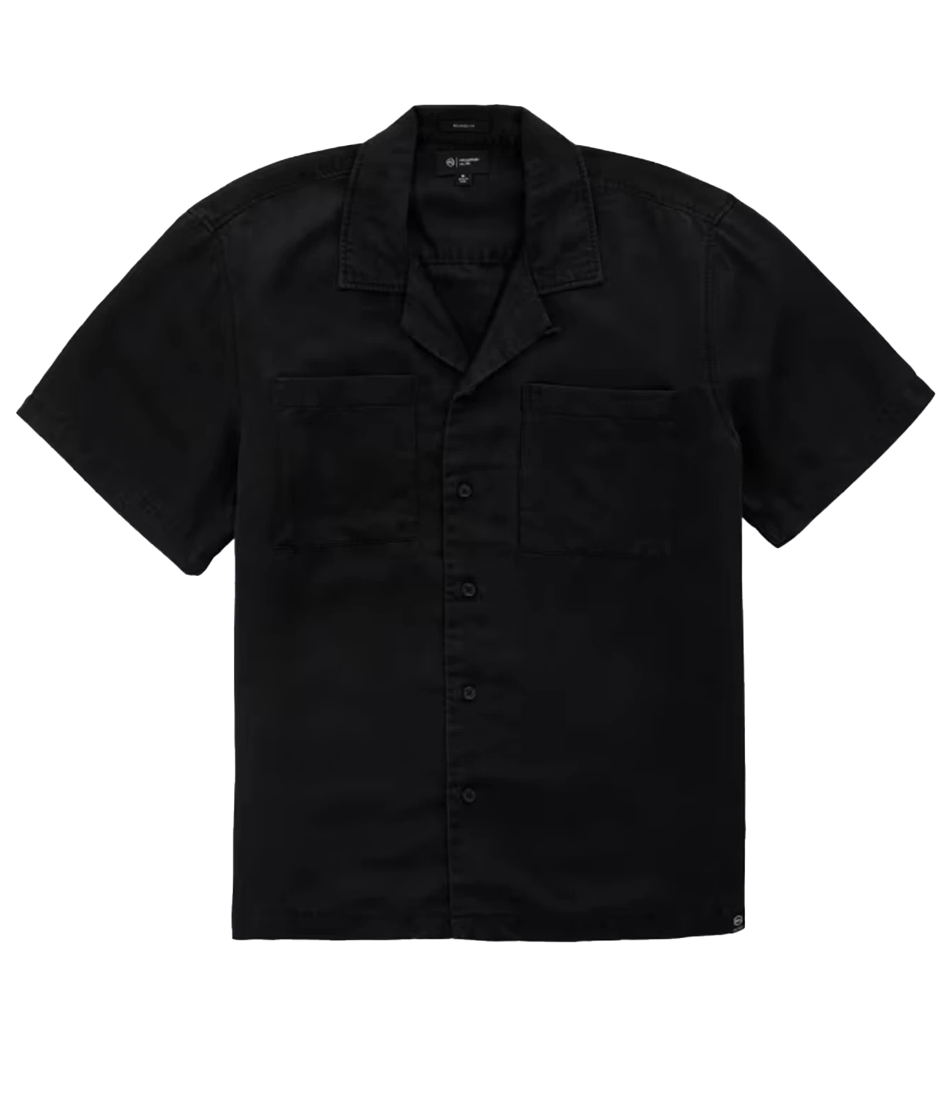 A black short-sleeve button-up shirt with a camp collar and two chest pockets, photographed flat against a solid white background.