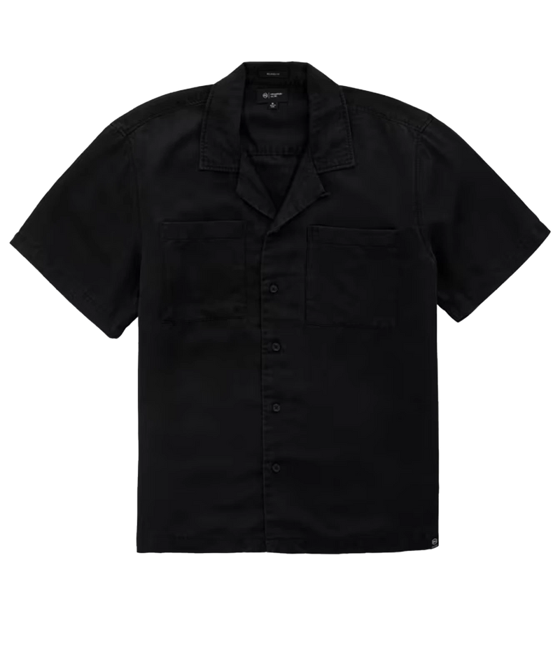 A black short-sleeve button-up shirt with a camp collar and two chest pockets, photographed flat against a solid white background.