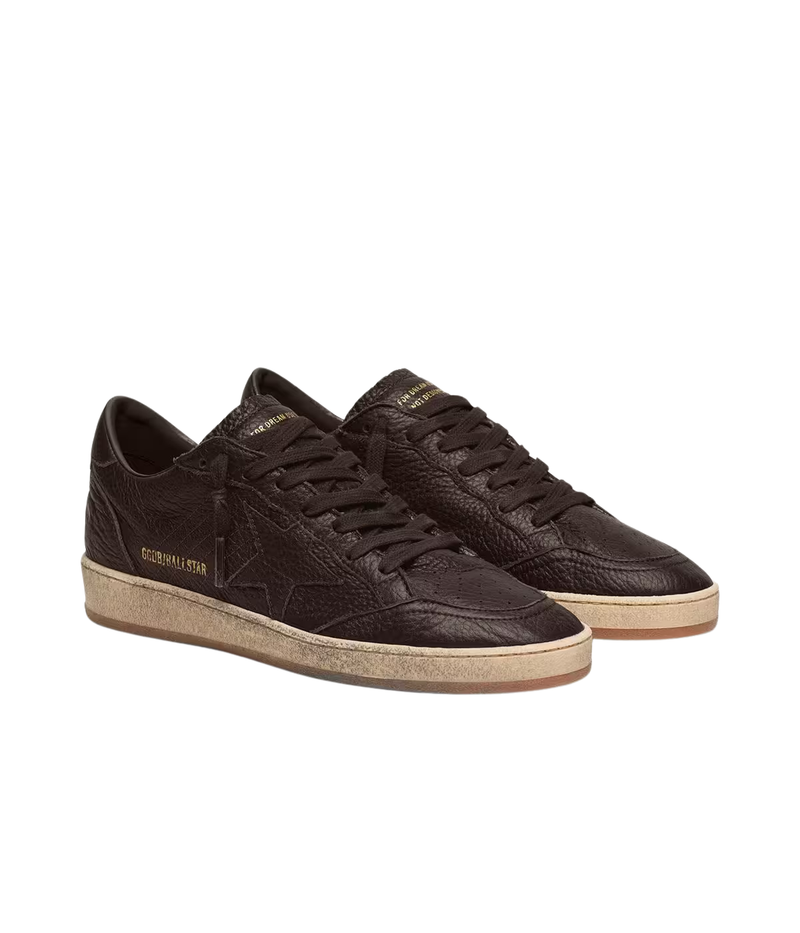 Golden Goose Ball Star low-top sneakers in dark brown leather with tonal leather star and vintage-inspired sole - Angled Shot in Pair