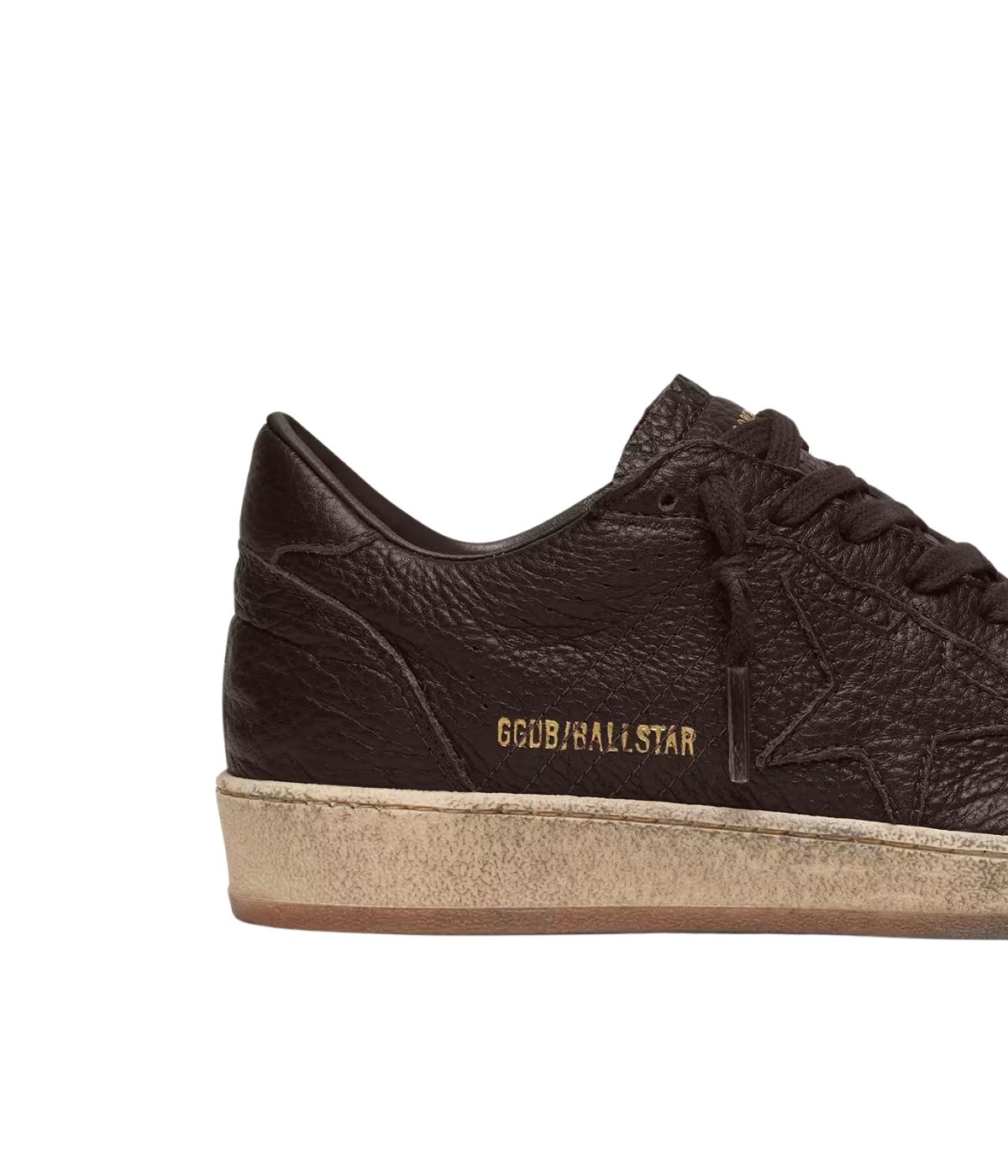 Golden Goose Ball Star low-top sneakers in dark brown leather with tonal leather star and vintage-inspired sole, close up.