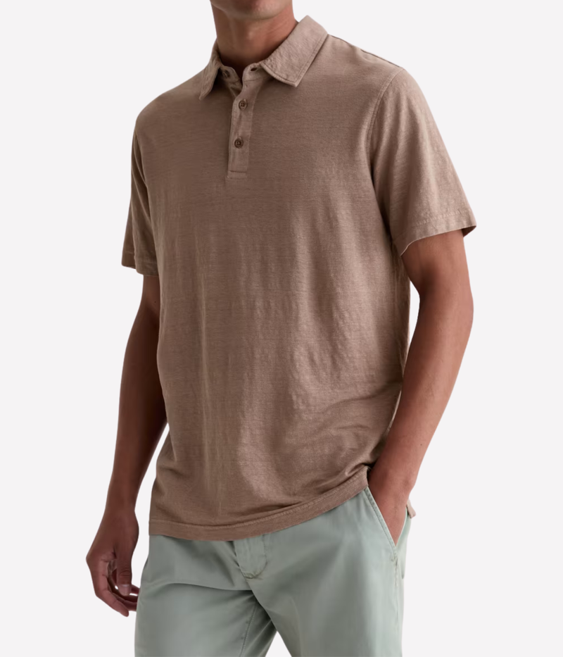 AG Bryce Short Sleeve Polo in Cork worn on model front view.