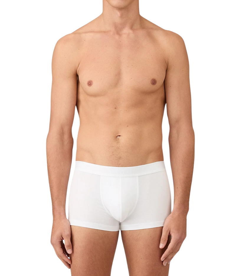 Sunspel Twin Pack Trunks in White – front view on model showcasing the close-fit silhouette, soft stretch cotton fabric, and elasticated waistband for everyday comfort.