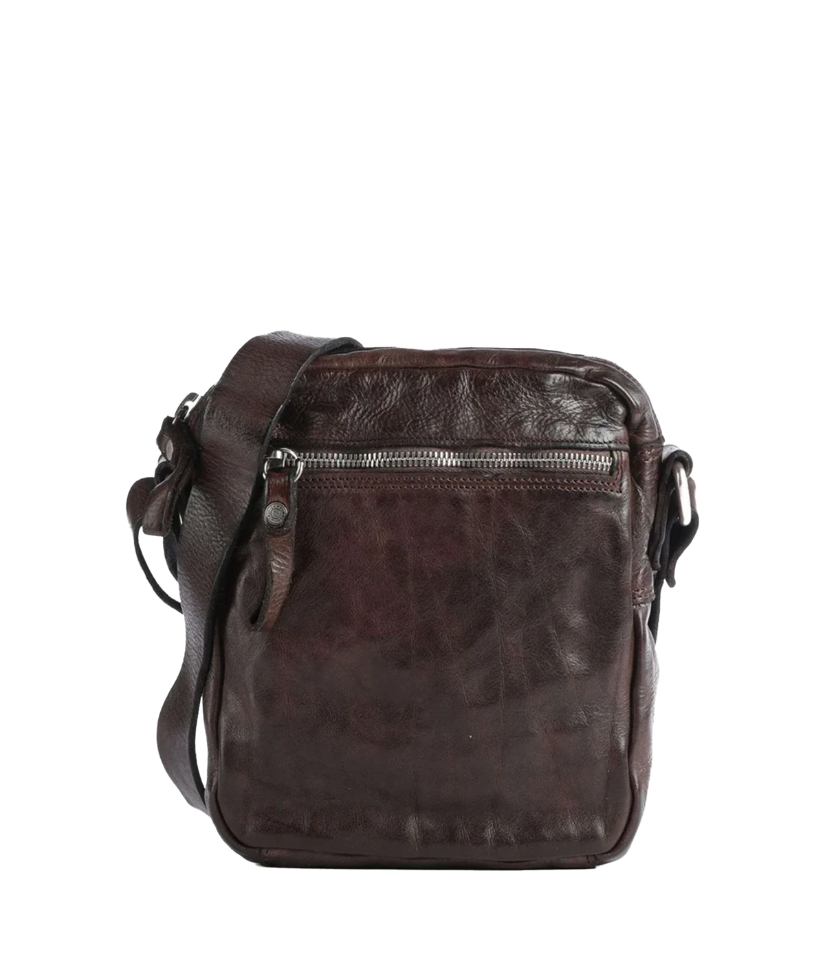 Front view of Campomaggi Fico Small Crossbody Bag in Brown showing the front zip pocket and grained leather