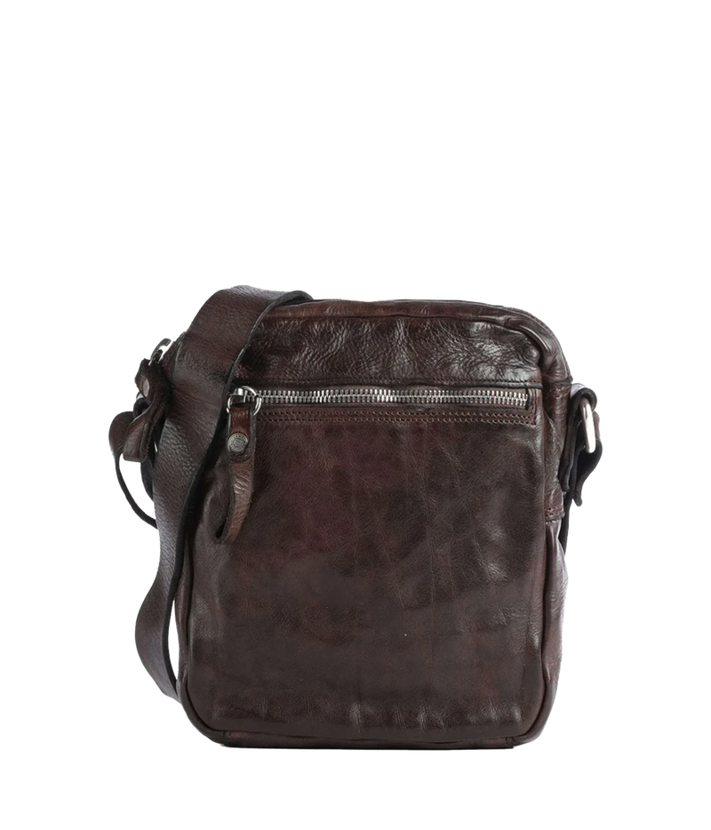 Front view of Campomaggi Fico Small Crossbody Bag in Brown showing the front zip pocket and grained leather