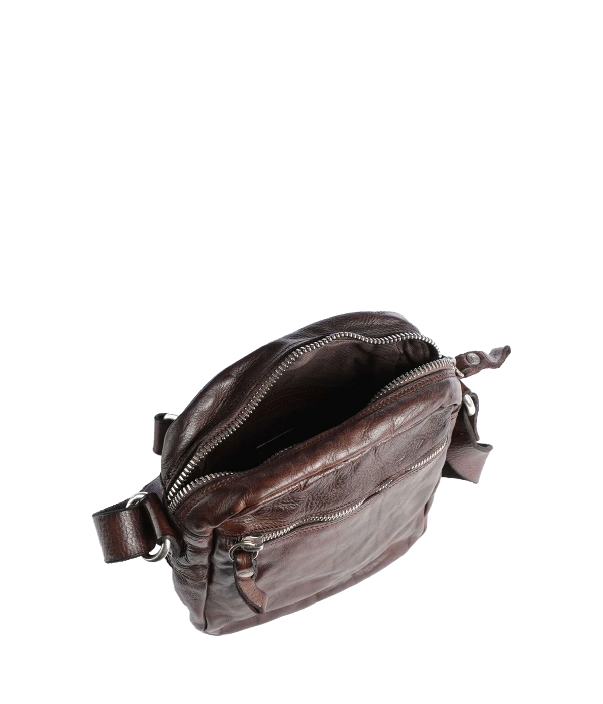 Open Campomaggi Fico Small Crossbody Bag in Brown showing the zip main compartment