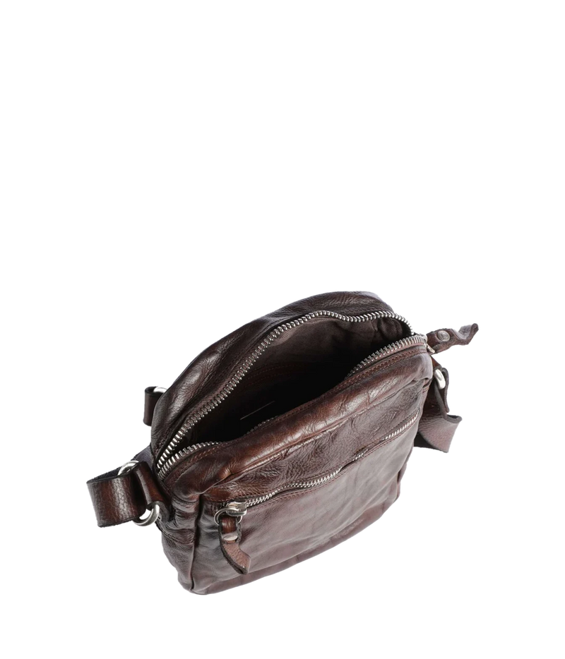 Open Campomaggi Fico Small Crossbody Bag in Brown showing the zip main compartment