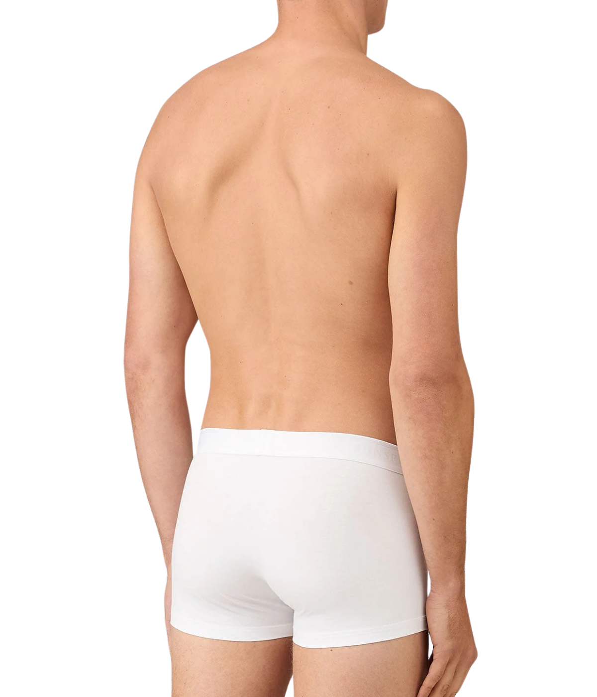 Sunspel Twin Pack Trunks in White – back view on model highlighting the streamlined fit, smooth rear coverage, and soft stretch cotton construction.