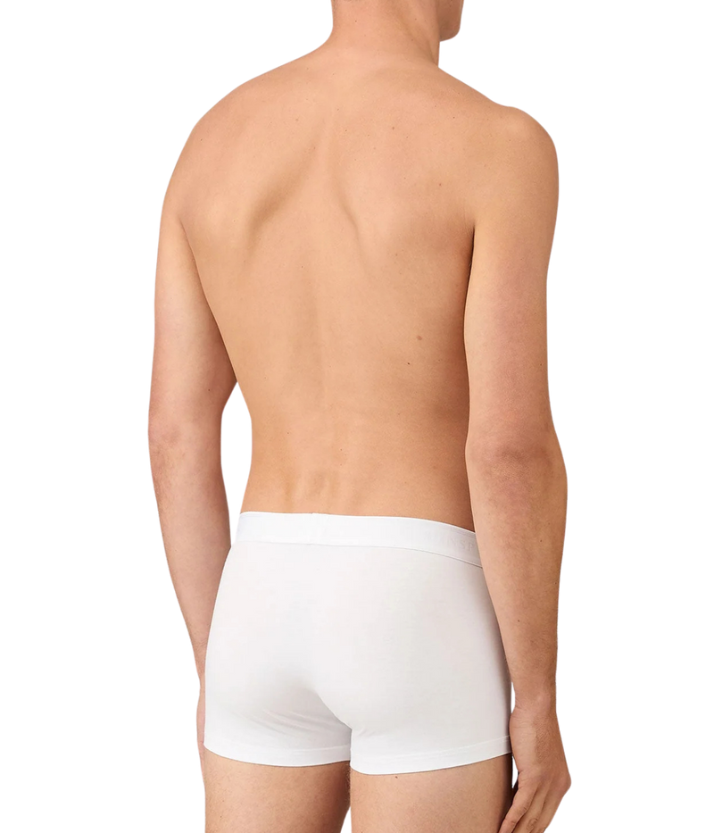 Sunspel Twin Pack Trunks in White – back view on model highlighting the streamlined fit, smooth rear coverage, and soft stretch cotton construction.