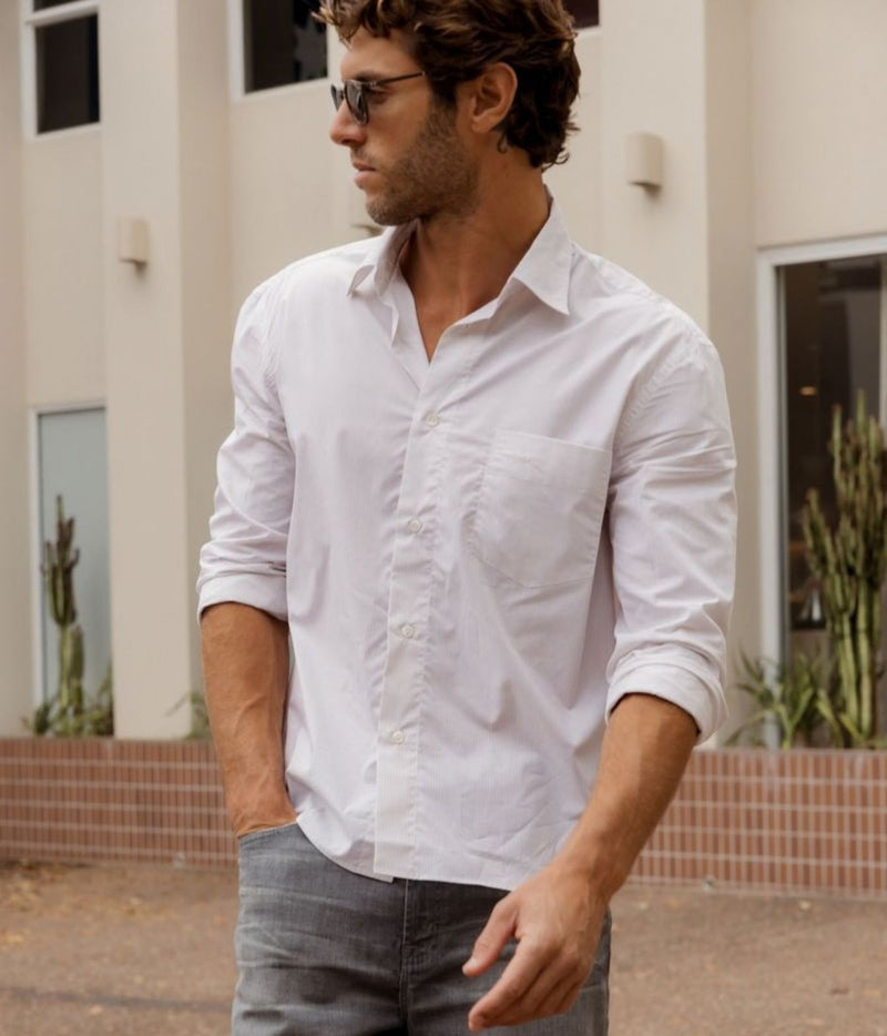 Model wearing Lardini Cotton Pocket Shirt in Beige Stripe with jeans