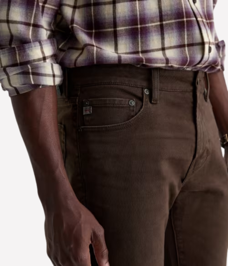 AG Jeans Tellis Jean in 7 Yrs Sulfur Oak Barrel – Close Up Waist Line Slim Fit Denim Jeans