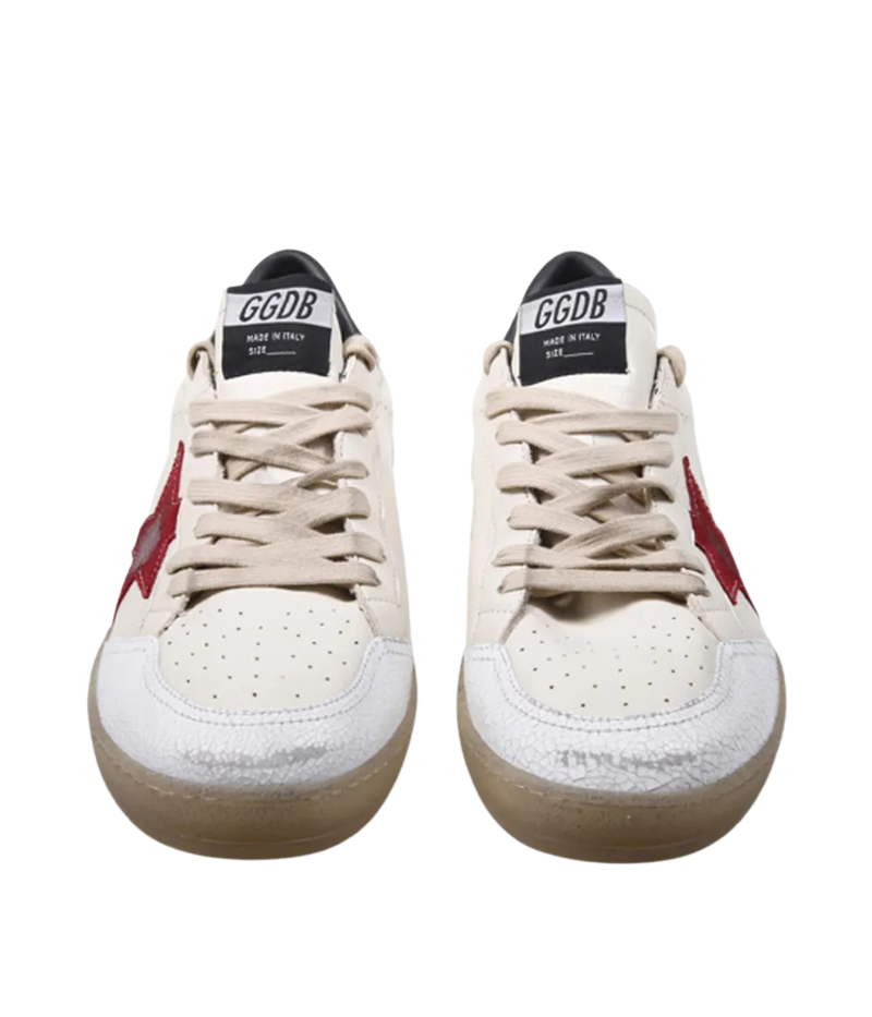Golden Goose Ball Star low-top sneakers with a butter beige nappa leather upper, red suede star, silver leather heel and crackled suede toe, Front Shot