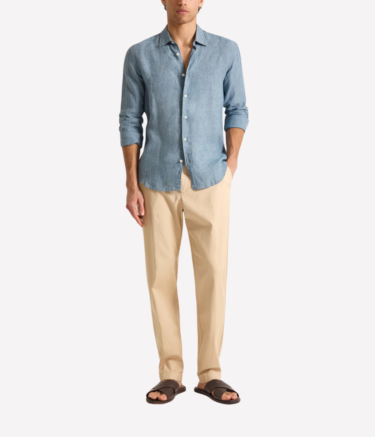 Orlebar Brown Giles Lino Tailored Fit Italian Linen Shirt in Aero Blue front view on model.