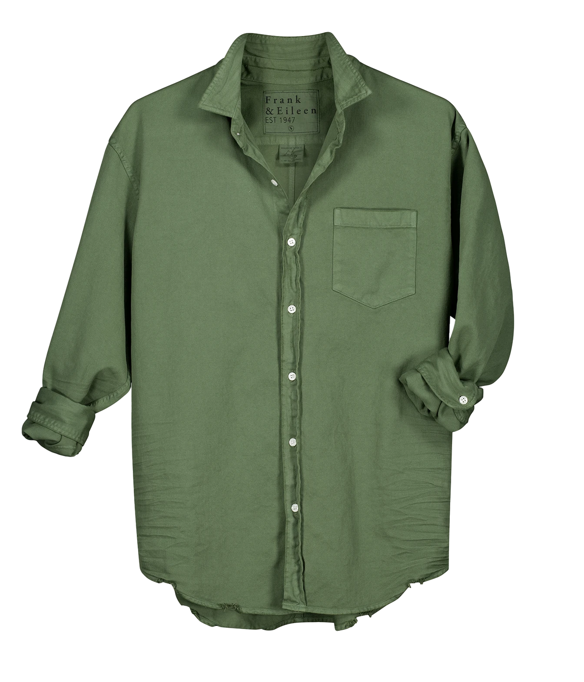 An olive green long-sleeve button-up shirt by Frank & Ellice, featuring a chest pocket and white buttons, shown against a plain white background.