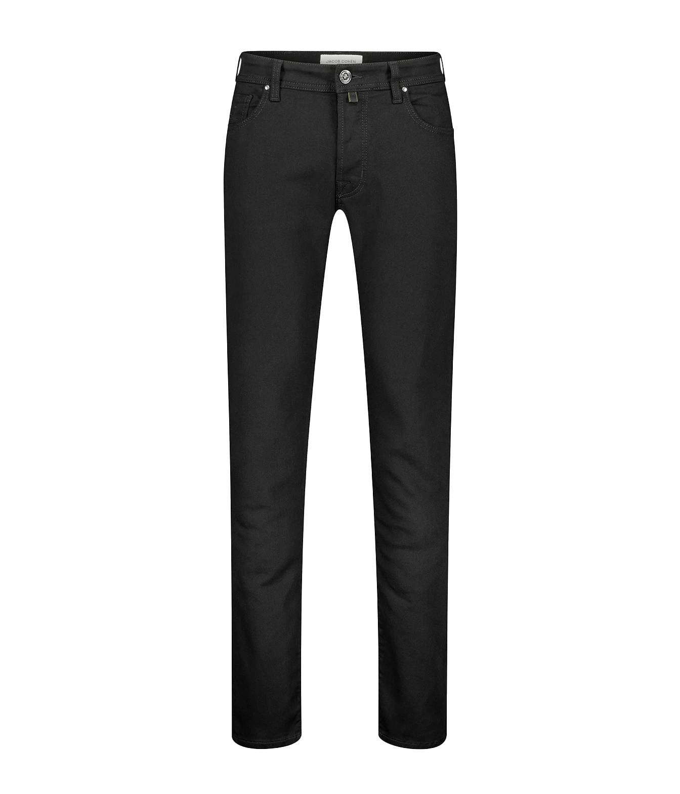 A pair of slim-fit black denim jeans shown flat against a solid white background.