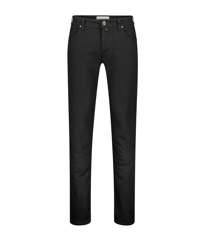 A pair of slim-fit black denim jeans shown flat against a solid white background.