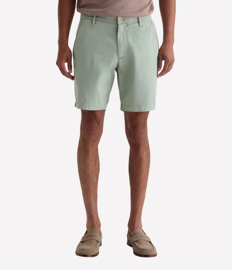 AG Wanderer Short in Sulfur Faded Moss worn on model - front view