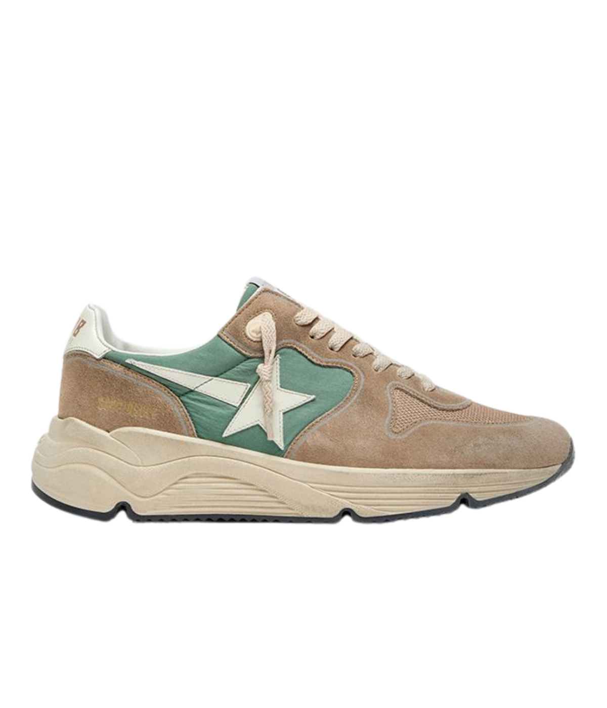 Golden Goose Running Sole Sneaker in Green, Beige, White & Milk side view featuring the signature leather star.