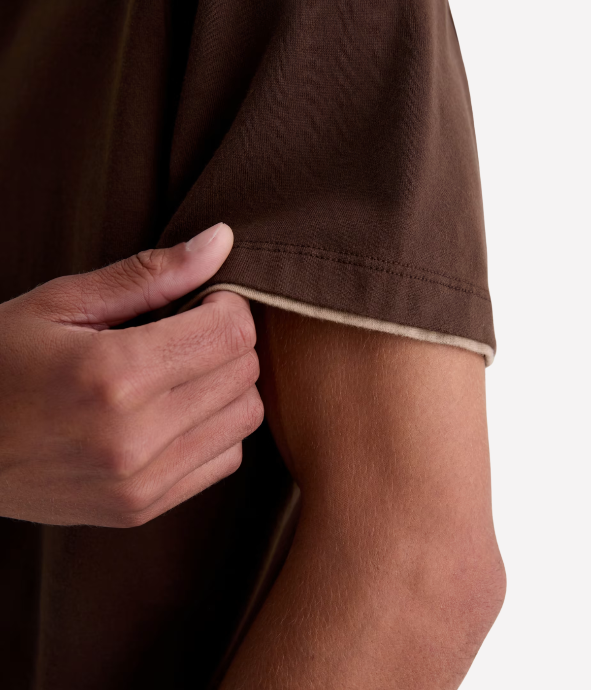 AG Jeans Como Double Layer Crew in Oak Barrel Dry Dust – Close Up on Sleeve Double Layer Crew Neck T-Shirt