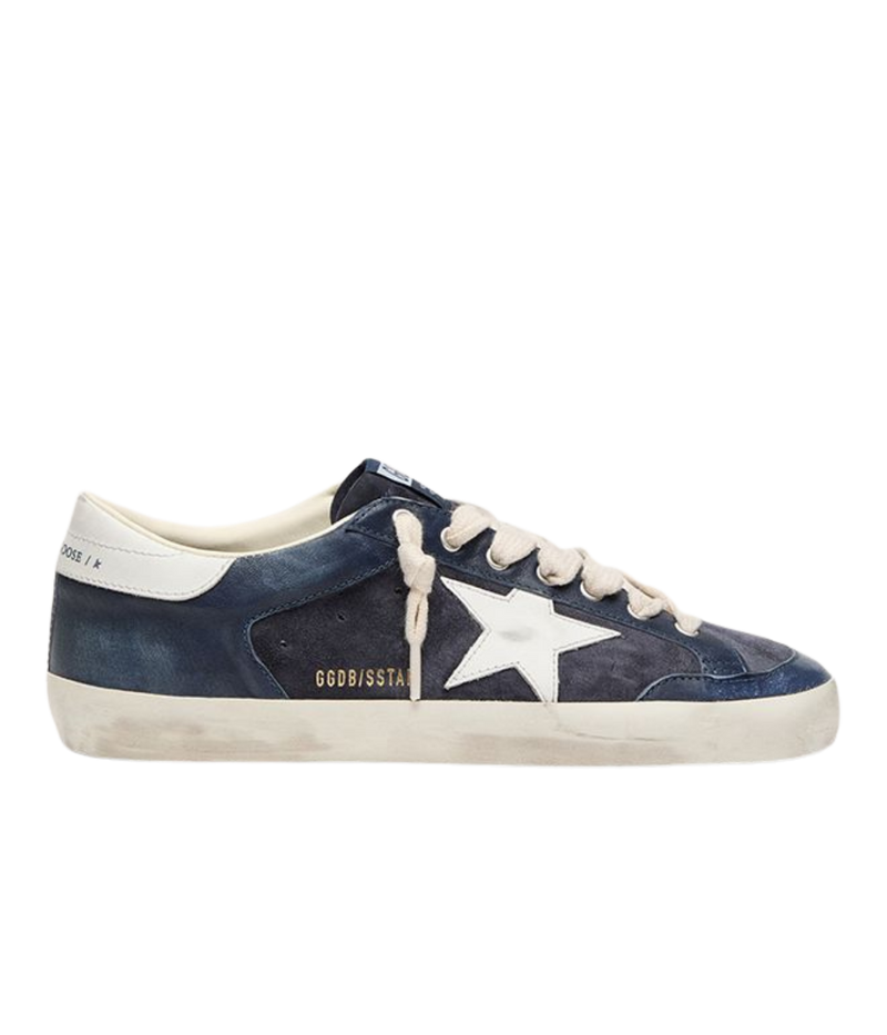 Golden Goose Super-Star Sneaker in Dark Blue & White side view featuring the signature leather star.