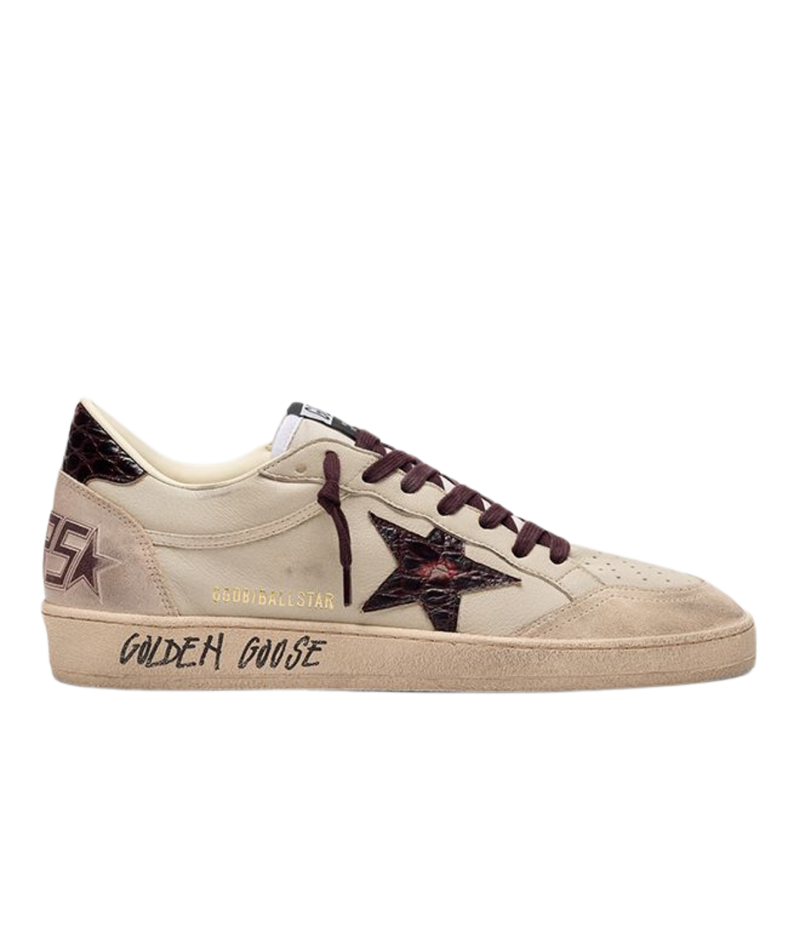 Golden Goose Ball Star Sneaker in Cream, Grey, Beige & Burgundy side view featuring a printed leather star.