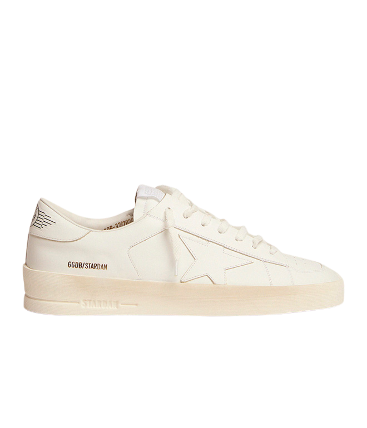 Golden Goose Stardan low-top sneakers in Optic White with a smooth leather upper and signature leather star, side profile.