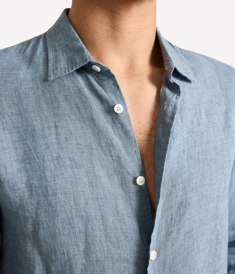 Orlebar Brown Giles Lino Tailored Fit Italian Linen Shirt in Aero Blue close-up of the classic collar.
