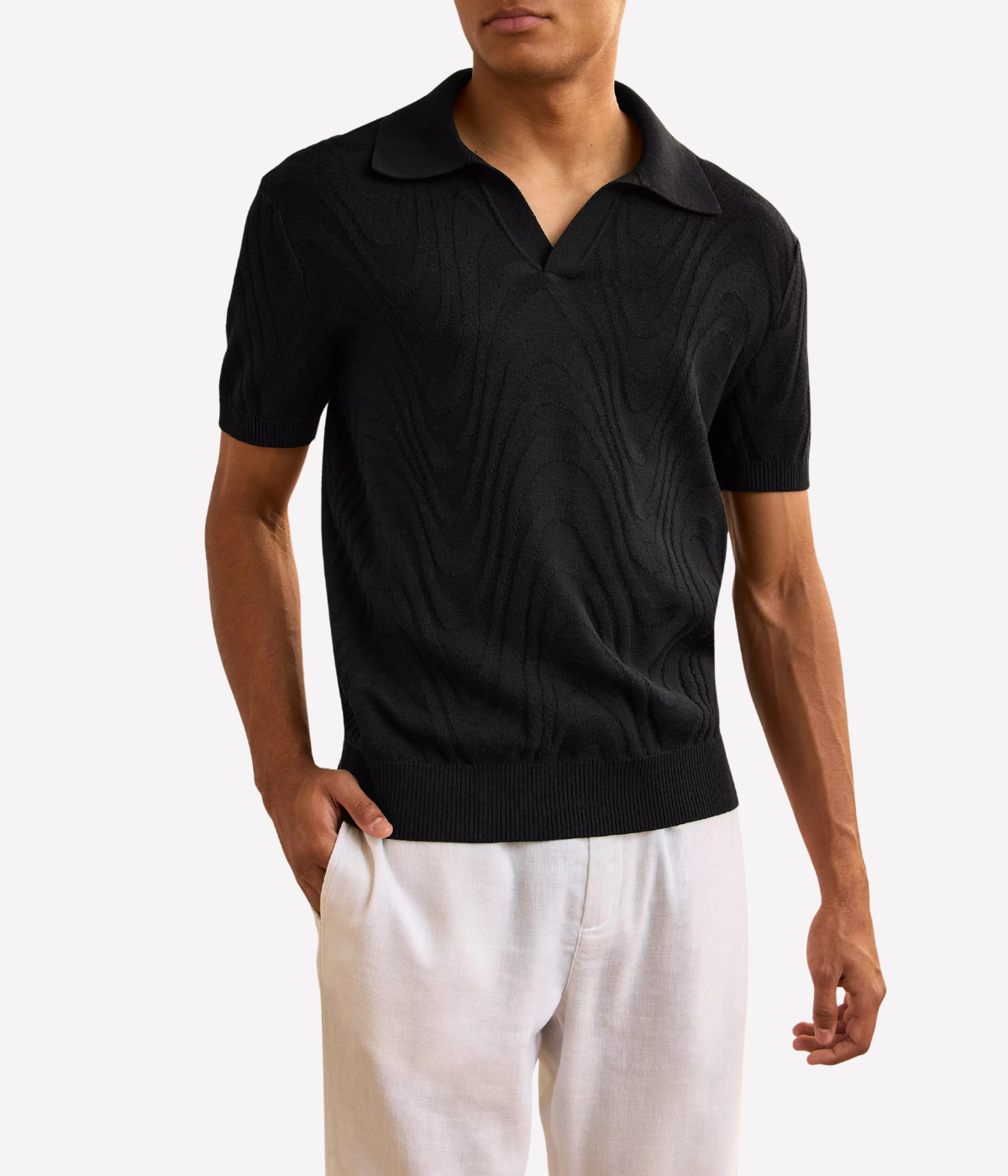 Rino Cotton Short Sleeve Jacquard Knit Polo in Black