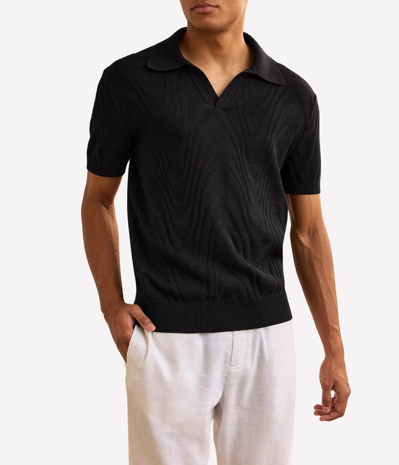 Rino Cotton Short Sleeve Jacquard Knit Polo in Black