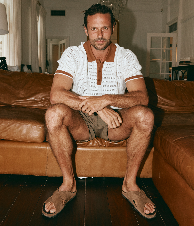 Vidal Cotton Crochet Short Sleeve Buttoned Polo in Ivory & Dark Almond