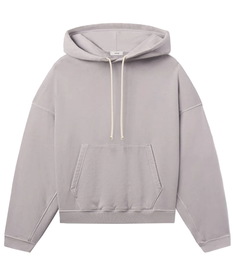 A light gray pullover hoodie with cream-colored drawstrings and a front kangaroo pocket, shown flat against a solid white background.