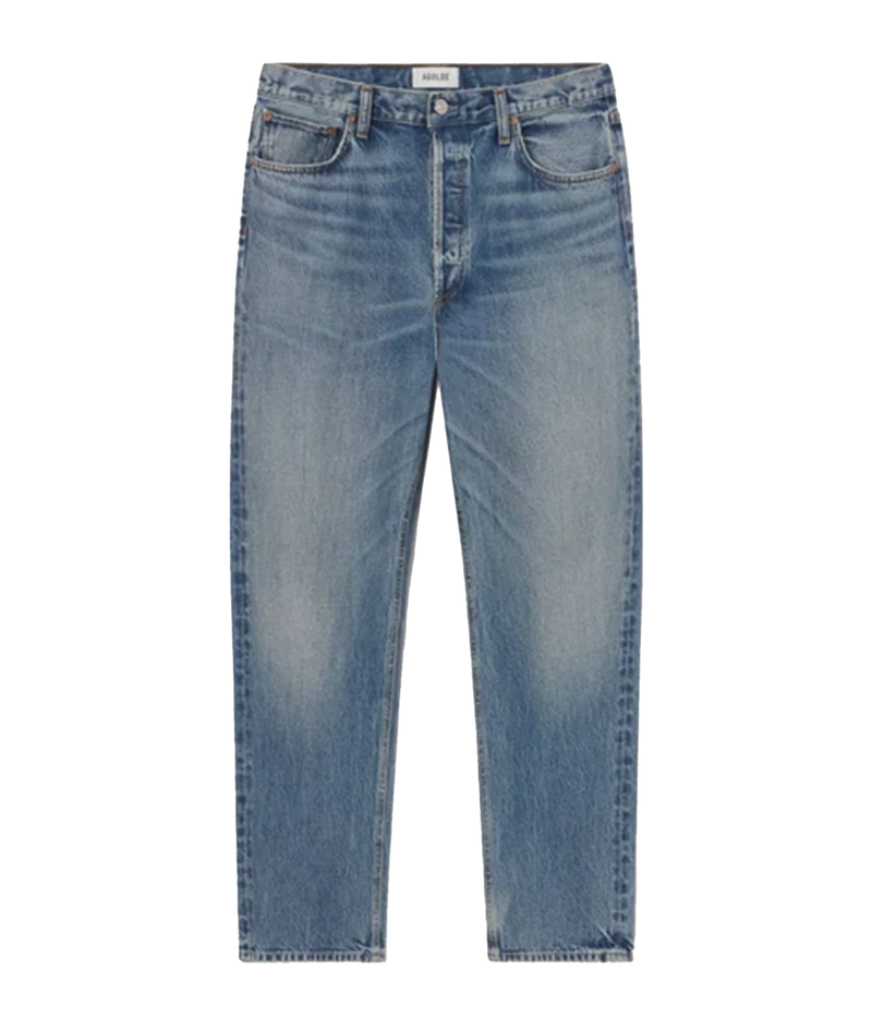 Light blue denim jeans with a straight-leg fit, featuring a faded wash on the thighs and a standard five-pocket design.