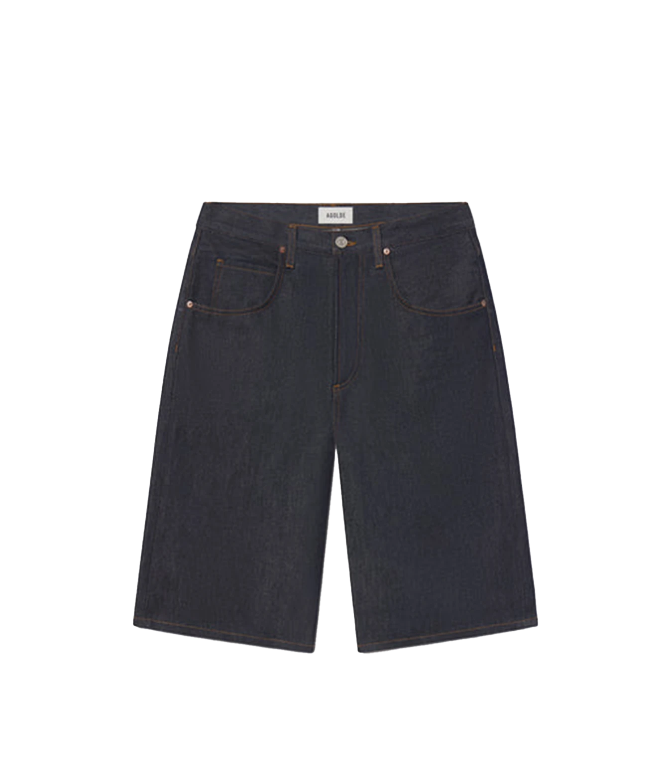 A pair of dark indigo denim shorts with a straight-leg fit, featuring classic five-pocket styling and a silver-tone metal button closure, shown flat on a white background.