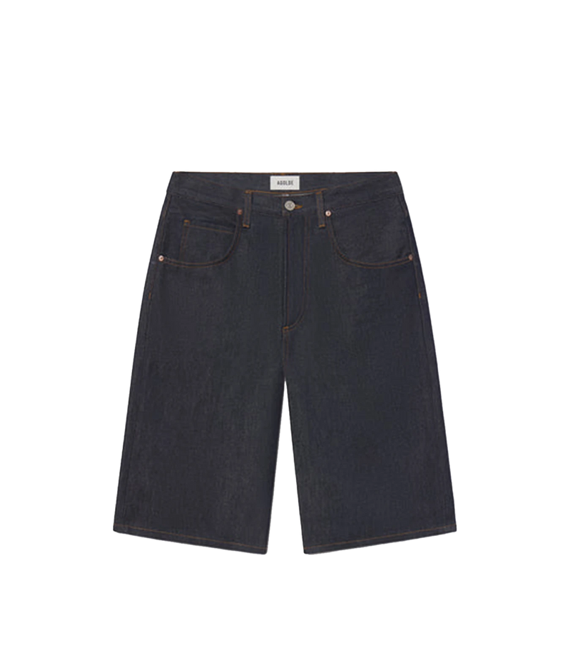 A pair of dark indigo denim shorts with a straight-leg fit, featuring classic five-pocket styling and a silver-tone metal button closure, shown flat on a white background.