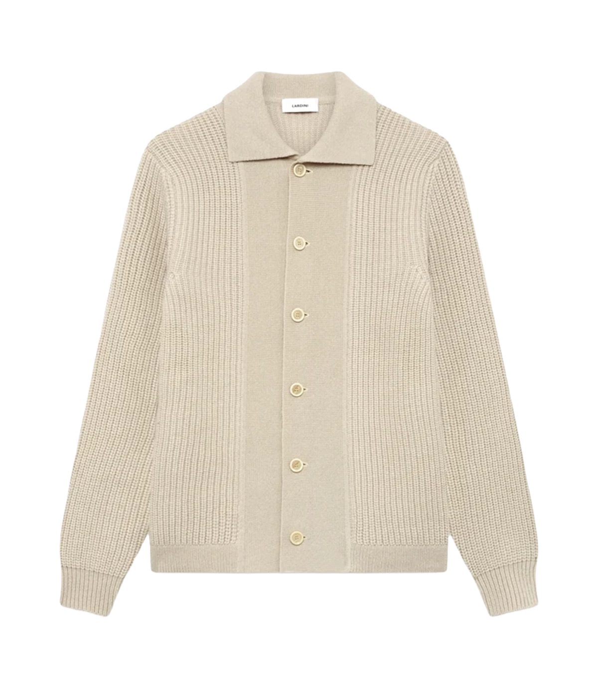Front product view of Lardini Wool Cashmere Knit Cardigan in Cream showing the shirt collar and button front
